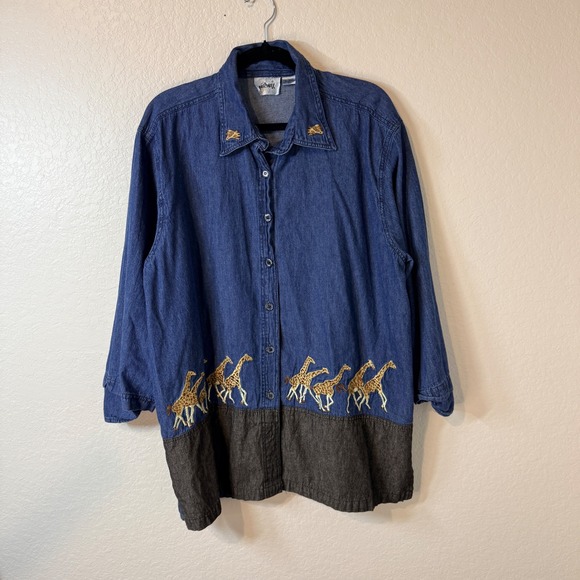 Mir‎ Max Womens 2X Denim Giraffe Shirt Boho Western Artsy Embroidery Lagenlook - Picture 3 of 6